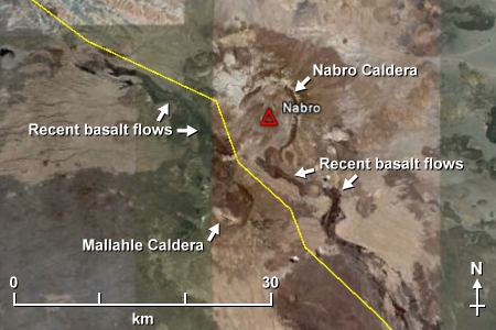 Map of the Nabro Volcanic Complex from Google Earth, incorporating information from map in Wiart & Oppenheimer (2005), p. 106